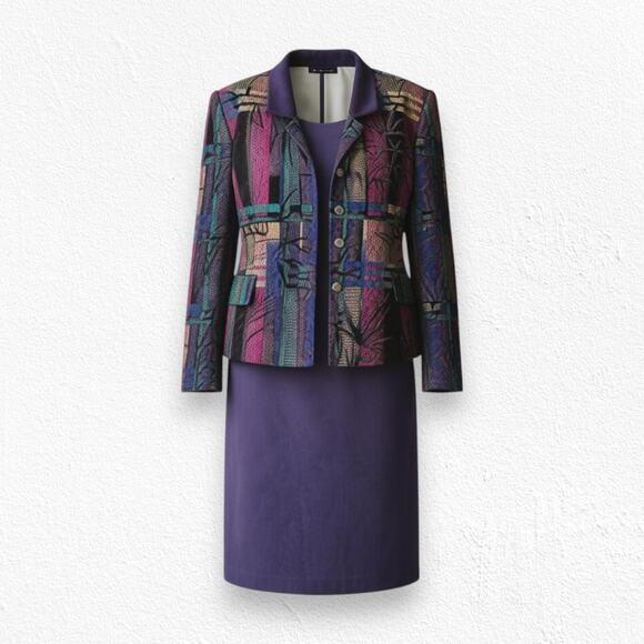 Vintage Dresses & Skirts - Vintage 90s Purple Jacquard Dress Set Jacket Career Party Two Piece Set Size 12